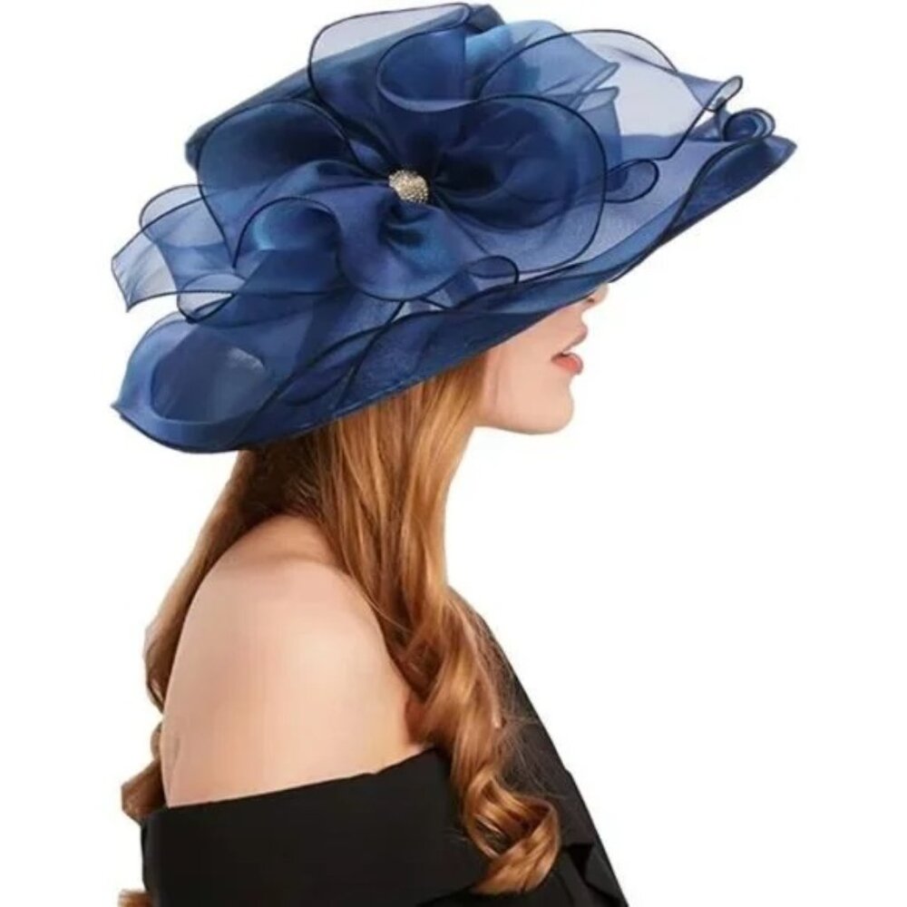 Women’s Tea Party Fascinator Hat Wide Brim Navy